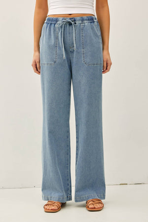 KNIT DENIM WIDE LEG PULL ON PANTS-Blue Hand Home