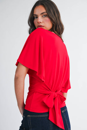 8654hk Draped Short Sleeve Back Tie Top Tee