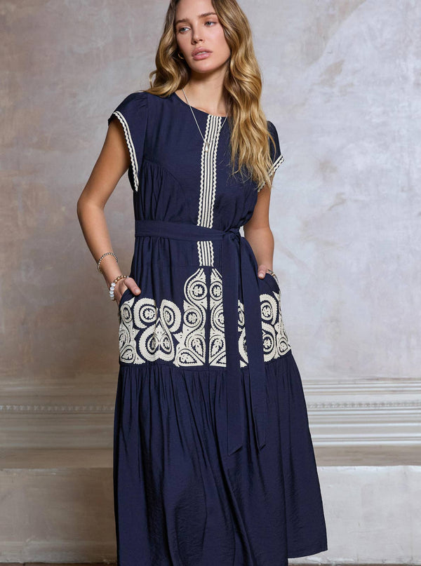 Boho Embroidery Cap Sleeve Midi Dress-Blue Hand Home