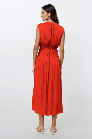 Silky Pleated Waistline Midi Dress-Blue Hand Home