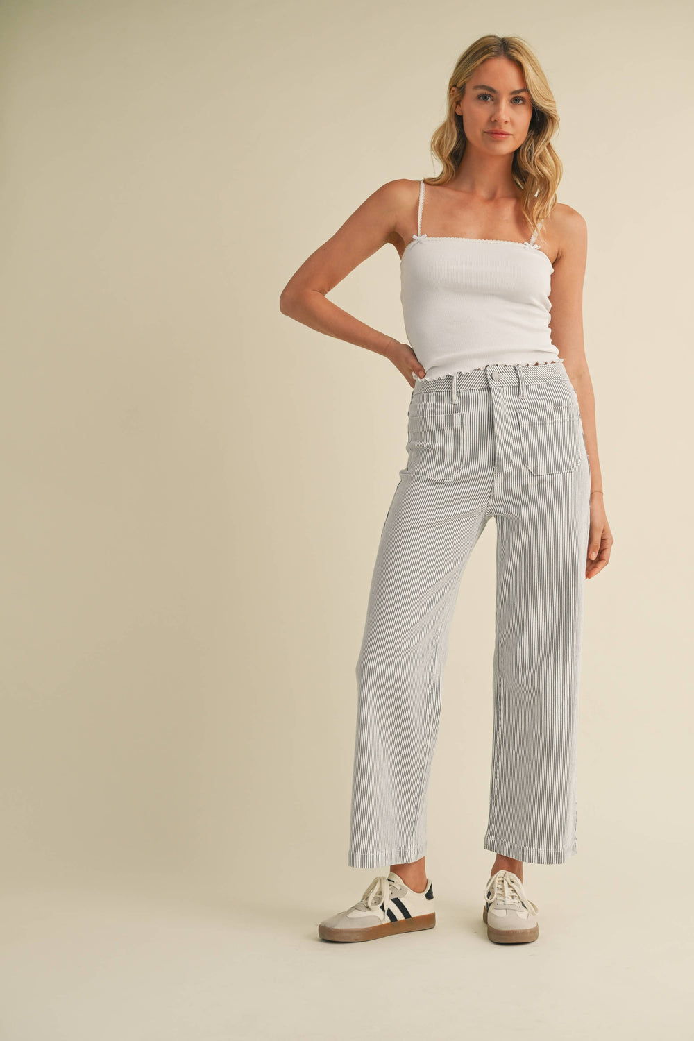 BP433J - STRIPE - Patch Pocket Wide Leg-Blue Hand Home