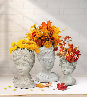 Woman w/Flower & Fruits Head Planter-Blue Hand Home