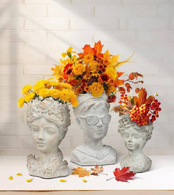Woman w/Flower & Fruits Head Planter-Blue Hand Home