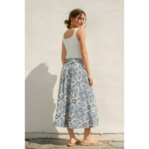 Summer In Capri Buckled A Line Midi Skirt-Blue Hand Home
