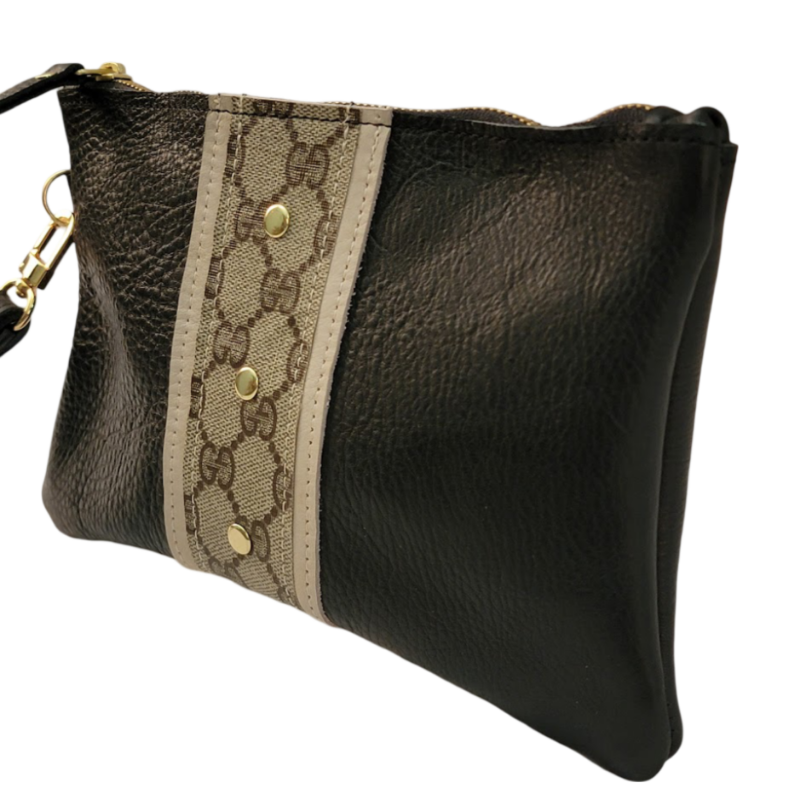 Cathy Wristlet In Black Leather | Upcycled Gucci-Blue Hand Home