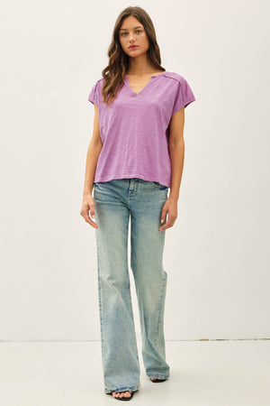 Garment Dye Oversize Cut Split-V Cotton Slub Tee-Blue Hand Home