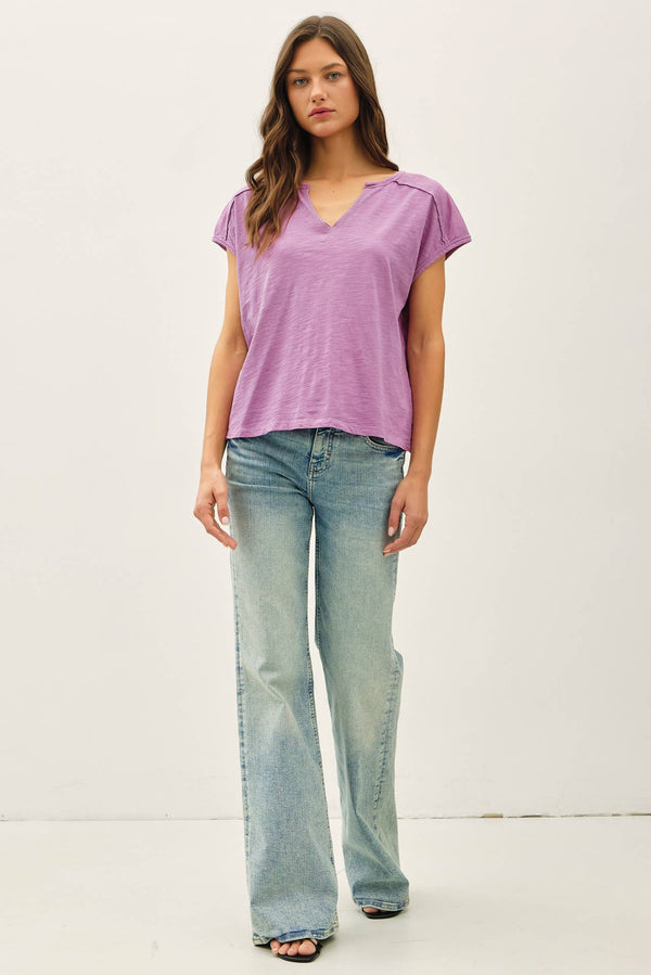 Garment Dye Oversize Cut Split-V Cotton Slub Tee-Blue Hand Home