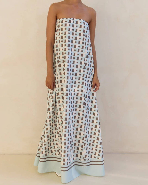 Summer Sexy Tube Top Printed Swing Dress-Blue Hand Home
