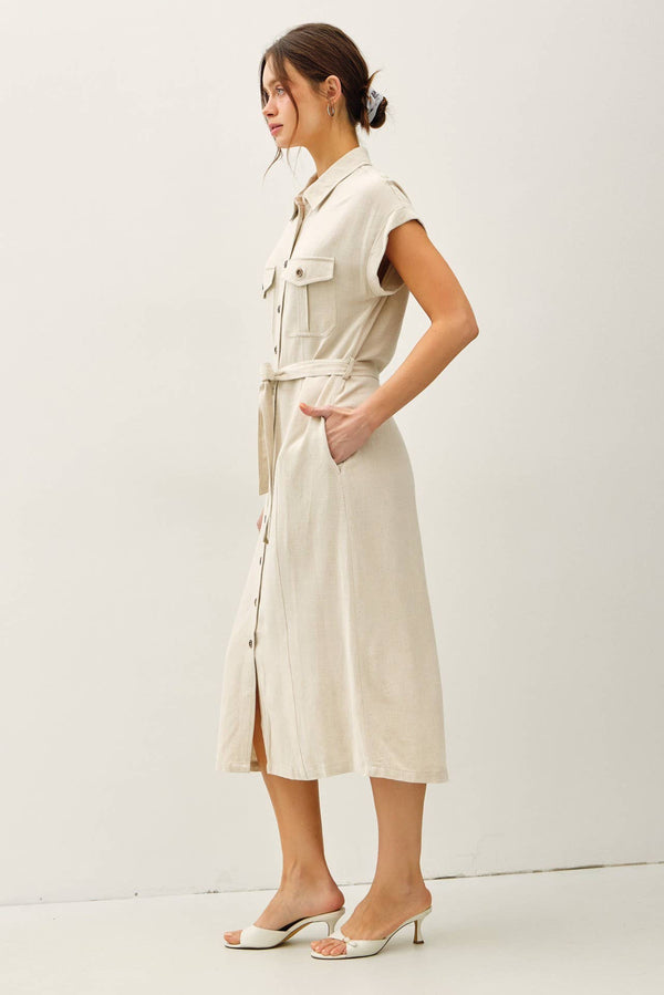 BUTTON UP MIDI DRESS W/ UTILITY STYLE POCKETS-Blue Hand Home