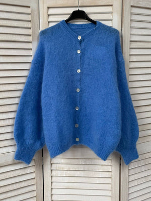 Cropped cardigan in 80% kid mohair-Blue Hand Home