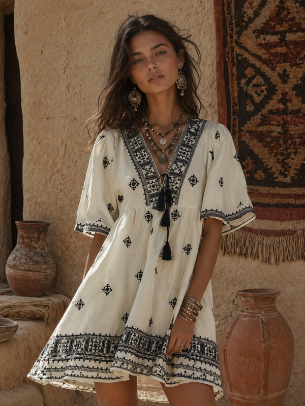 T26129192-Embroidered Bohemian Mini Dress-Blue Hand Home