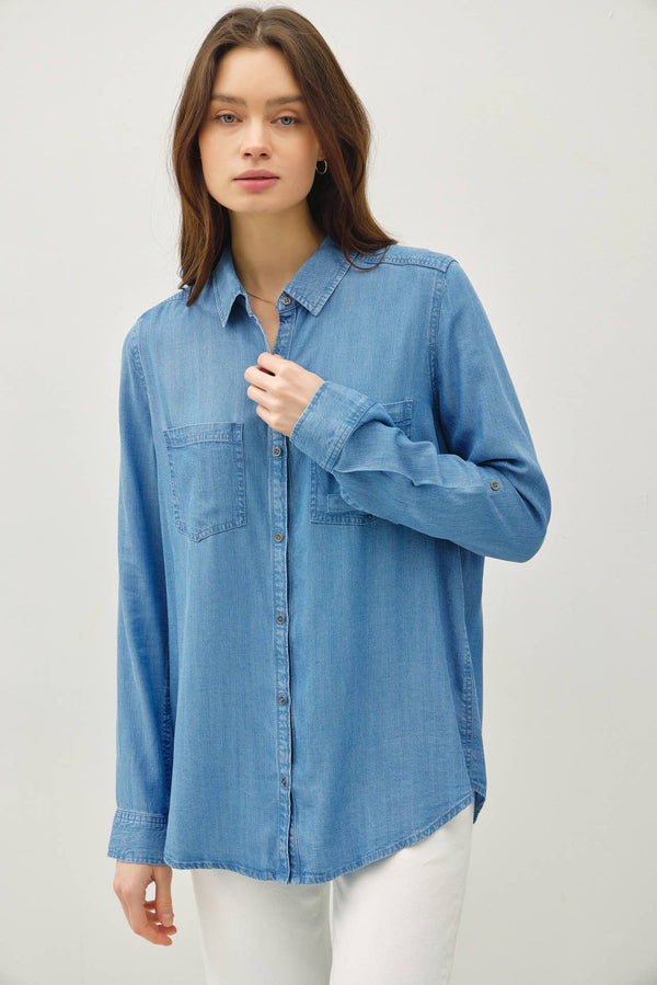 DENIM LOOK LONGSLEEVE TENCEL SHIRT-Blue Hand Home