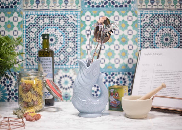 White Gluggle Jug-Blue Hand Home