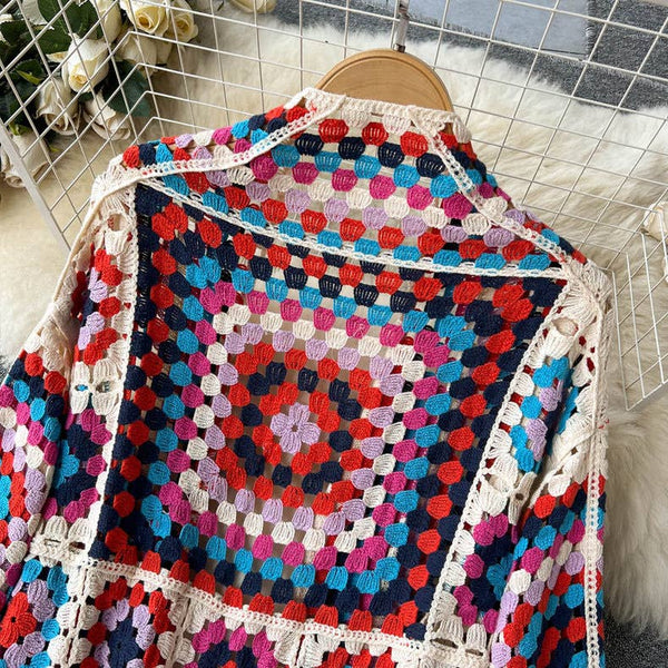 BOHO Color Blocks Crochet Cardigan long maxi cover-up-Blue Hand Home