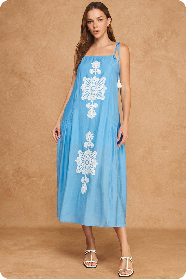 Floral Embroidered Sleeveless Tassel Tie Strap Midi Dress
