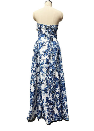 Elegant Strapless Floral Maxi Dress-Blue Hand Home