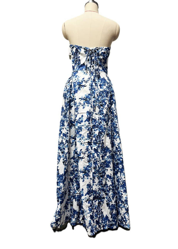 Elegant Strapless Floral Maxi Dress-Blue Hand Home