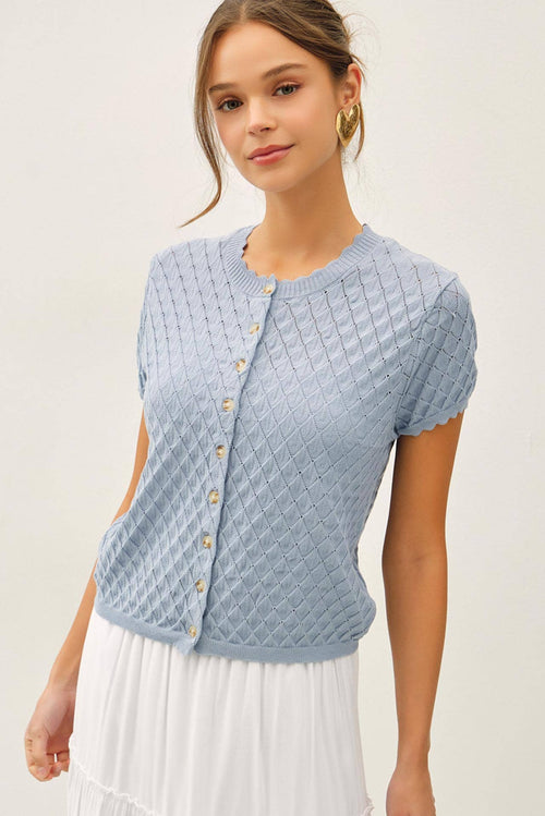 POINTELLE STITCH SHORT SLEEVE CARDIGAN-Blue Hand Home