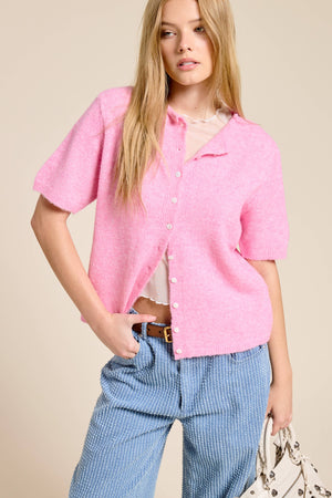 Short Sleeve Button Down Cardigan Top-Blue Hand Home