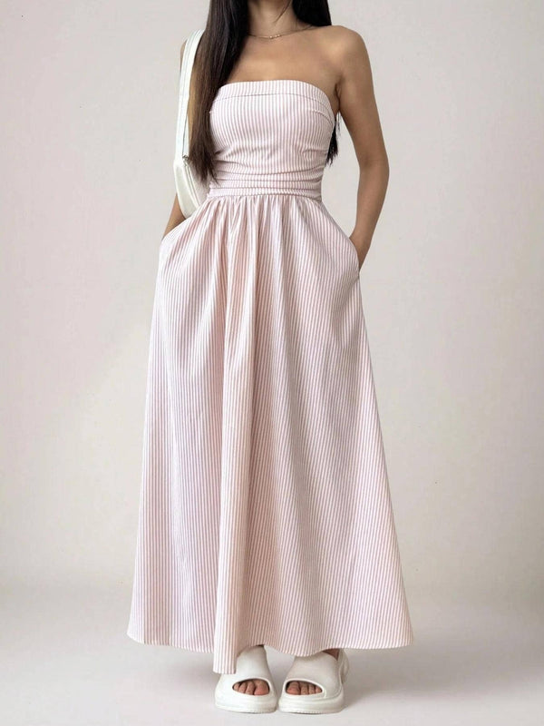 Effortless vibe Pinstripe strapless A-line skirt maxi dress-Blue Hand Home