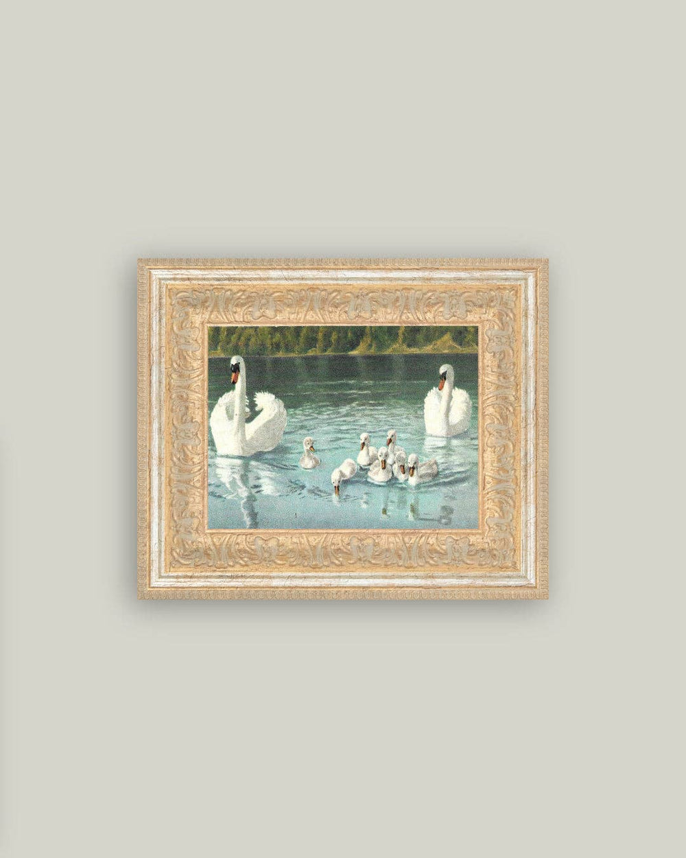 Swan Family Framed Antique Art-Blue Hand Home