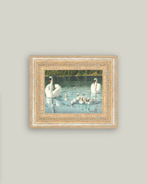 Swan Family Framed Antique Art-Blue Hand Home