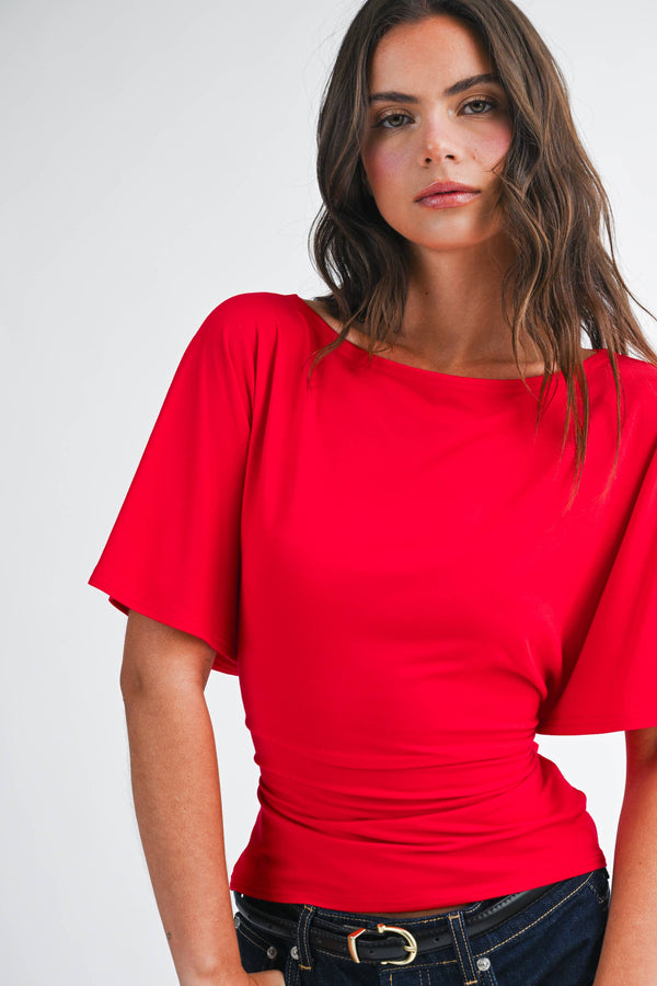 8654hk Draped Short Sleeve Back Tie Top Tee