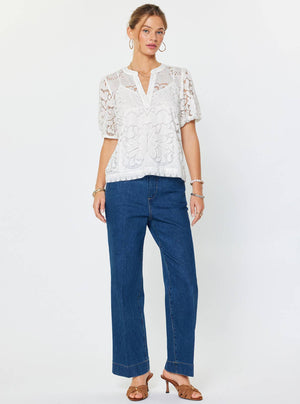 Embroidered Short Puff Sleeve Blouse-Blue Hand Home