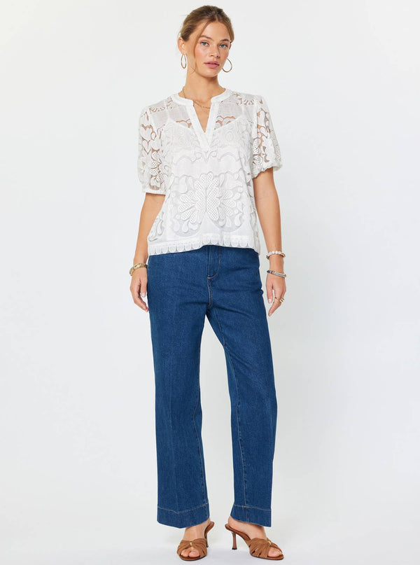 Embroidered Short Puff Sleeve Blouse-Blue Hand Home