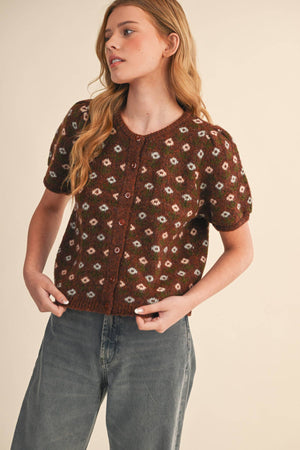 FLORAL SHORT SLEEVE SWEATER CARDIGAN MSW11259-Blue Hand Home