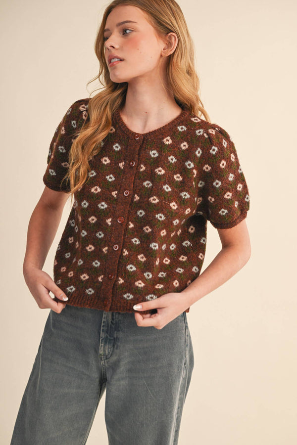 FLORAL SHORT SLEEVE SWEATER CARDIGAN MSW11259-Blue Hand Home