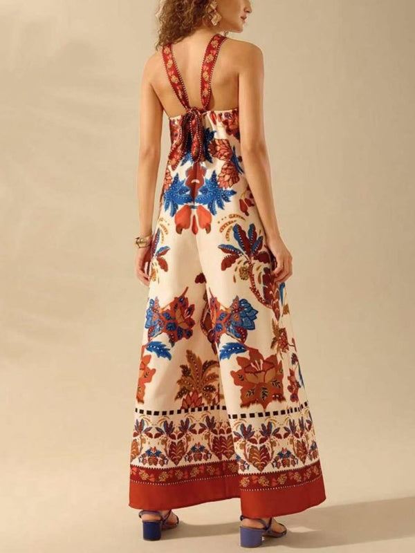 Vacation Palm Tree Tropical Prints Halter Jumpsuit-Blue Hand Home