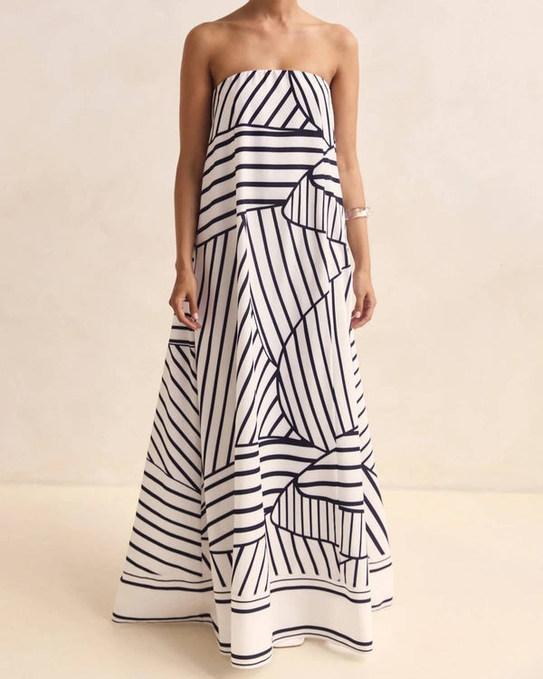 Summer Sexy Tube Top Printed Swing Dress-Blue Hand Home