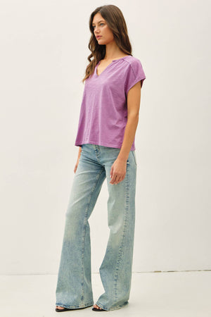 Garment Dye Oversize Cut Split-V Cotton Slub Tee-Blue Hand Home