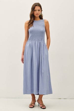 Smocked Bodice Boatneck Tank Midi Dress-Blue Hand Home