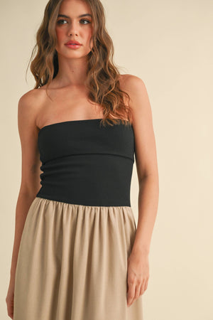 D3442 LINEN WITH RIBBED KNITTED TOP COMBO DRESS-Blue Hand Home