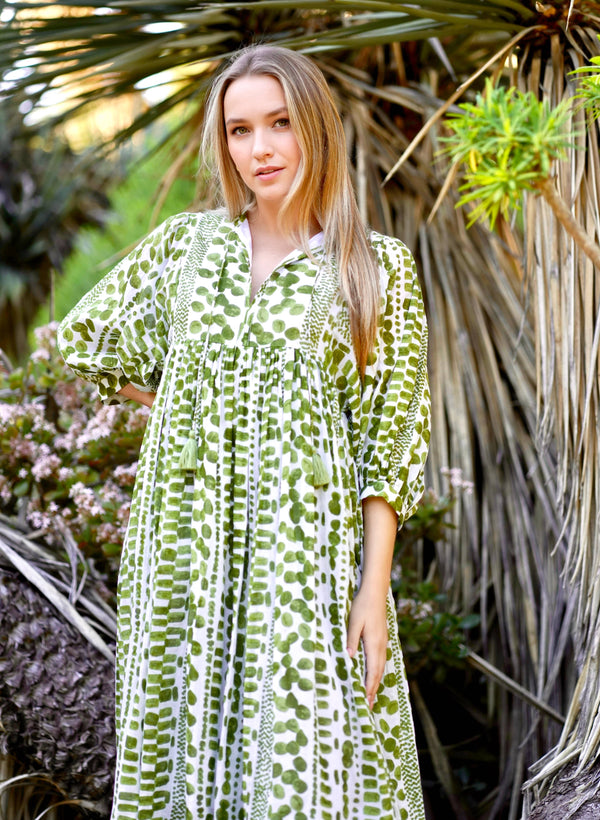 Mylah Midi Dress Block Printed Green-Blue Hand Home