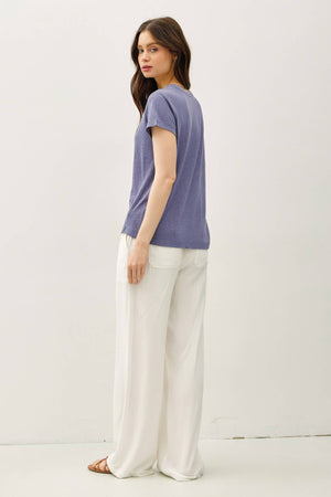 LINEN CLASSIC ROUND NECK SPLIT HEM T-SHIRT-Blue Hand Home
