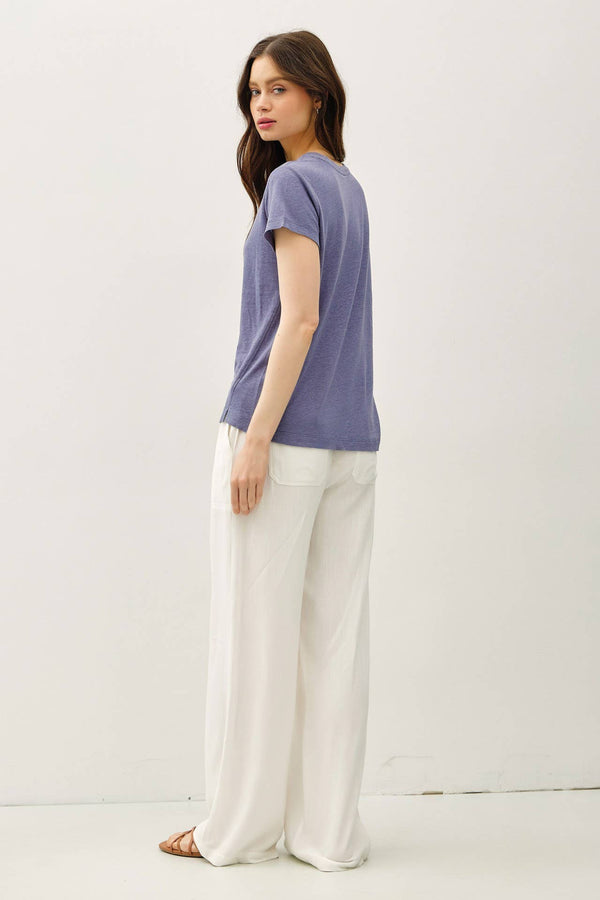 LINEN CLASSIC ROUND NECK SPLIT HEM T-SHIRT-Blue Hand Home