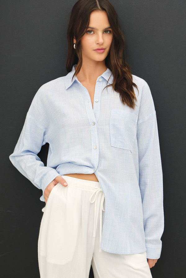 HAIRLINE STRIPE BUTTON DOWN SHIRT-Blue Hand Home