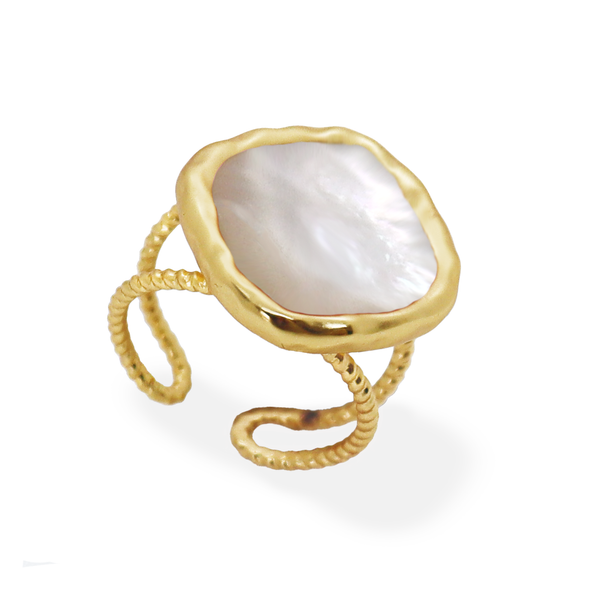 Bezel Mother of Pearl Ring - 24K Gold Plated-Blue Hand Home