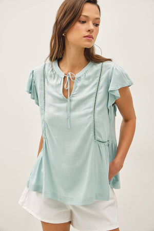 TIE FRONT RUFFLE SLEEVE TOP-Blue Hand Home