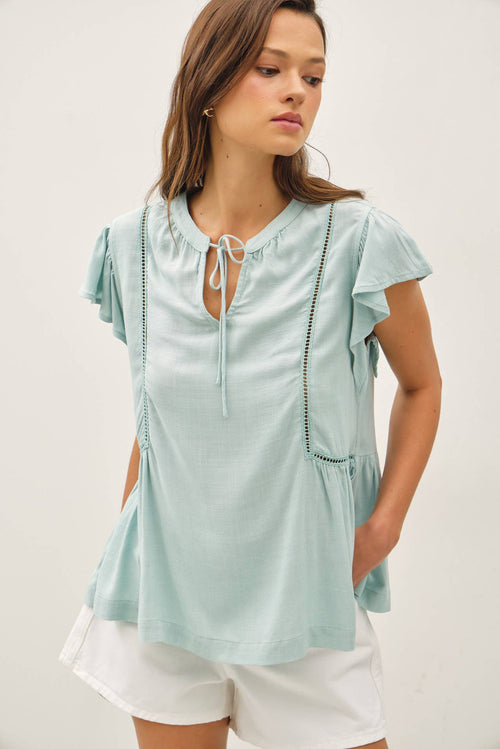 TIE FRONT RUFFLE SLEEVE TOP-Blue Hand Home