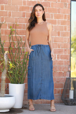 N6373-ASIS TENCEL CARGO POCKET MAXI SKIRT-Blue Hand Home