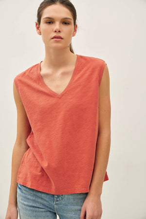 GARMENT DYE COTTON SLUB V-NECK BOXY TANK TEE-Blue Hand Home