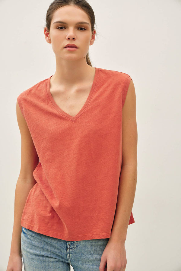 GARMENT DYE COTTON SLUB V-NECK BOXY TANK TEE-Blue Hand Home