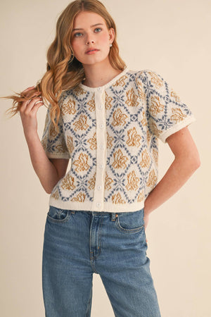 FLORAL SHORT SLEEVE SWEATER CARDIGAN MSW11258-Blue Hand Home