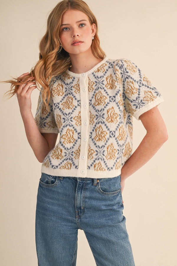 FLORAL SHORT SLEEVE SWEATER CARDIGAN MSW11258-Blue Hand Home