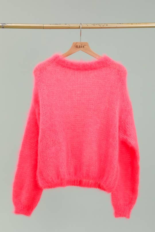 Round neck long sleeve sweater in 80% kid mohair-Blue Hand Home