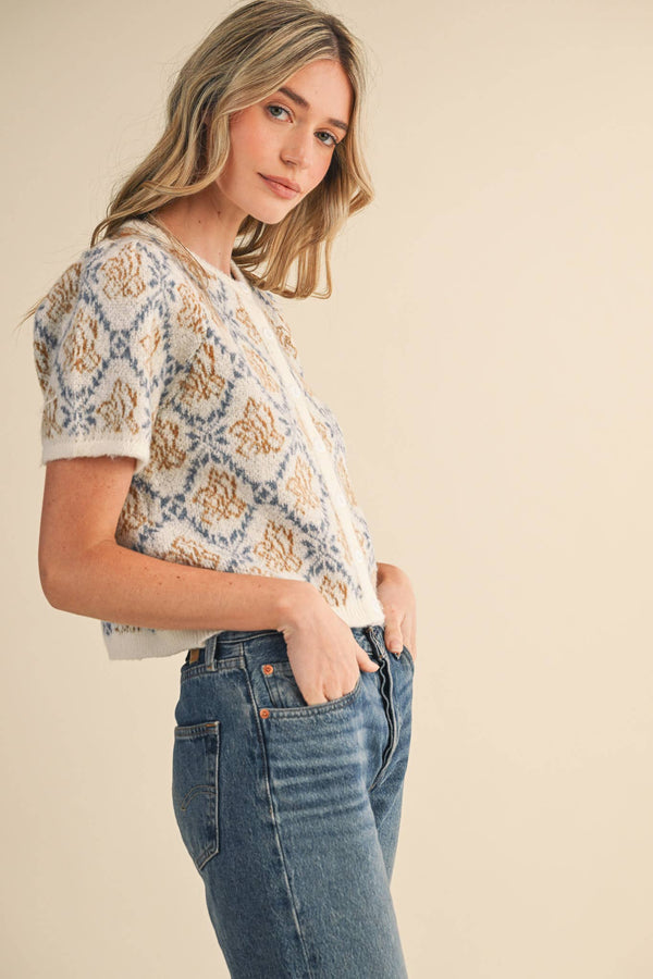 FLORAL SHORT SLEEVE SWEATER CARDIGAN MSW11258-Blue Hand Home